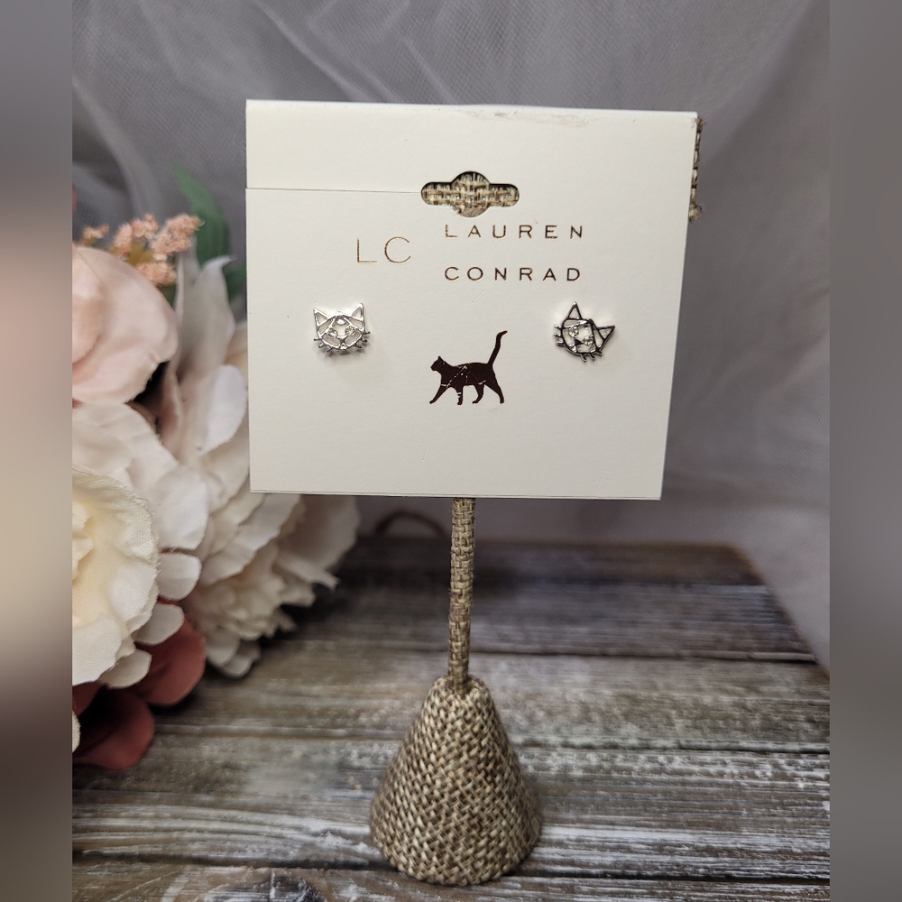 LC Lauren Conrad Silver Cat Stud Earrings
